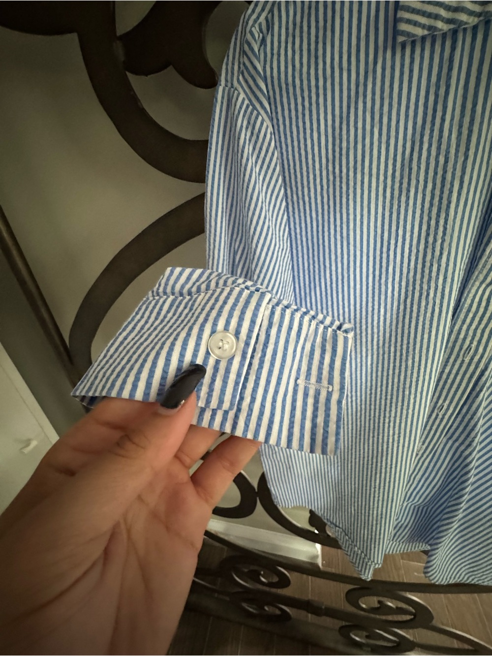 Blue and White Seersucker Wide Leg Pants and Matching Button Up - Picture 5 of 6